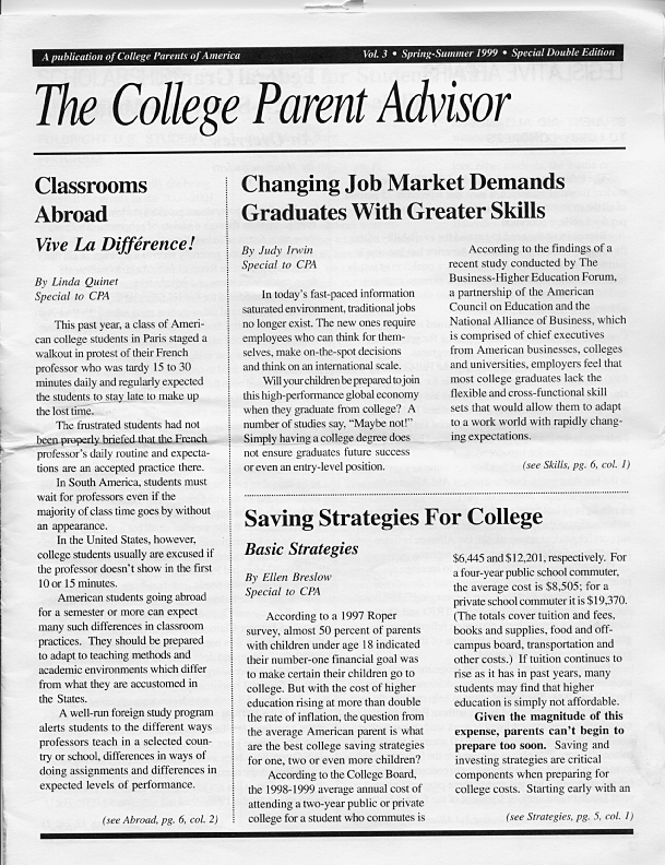 Work Sample Article In The College Parent Advisor Newsletter